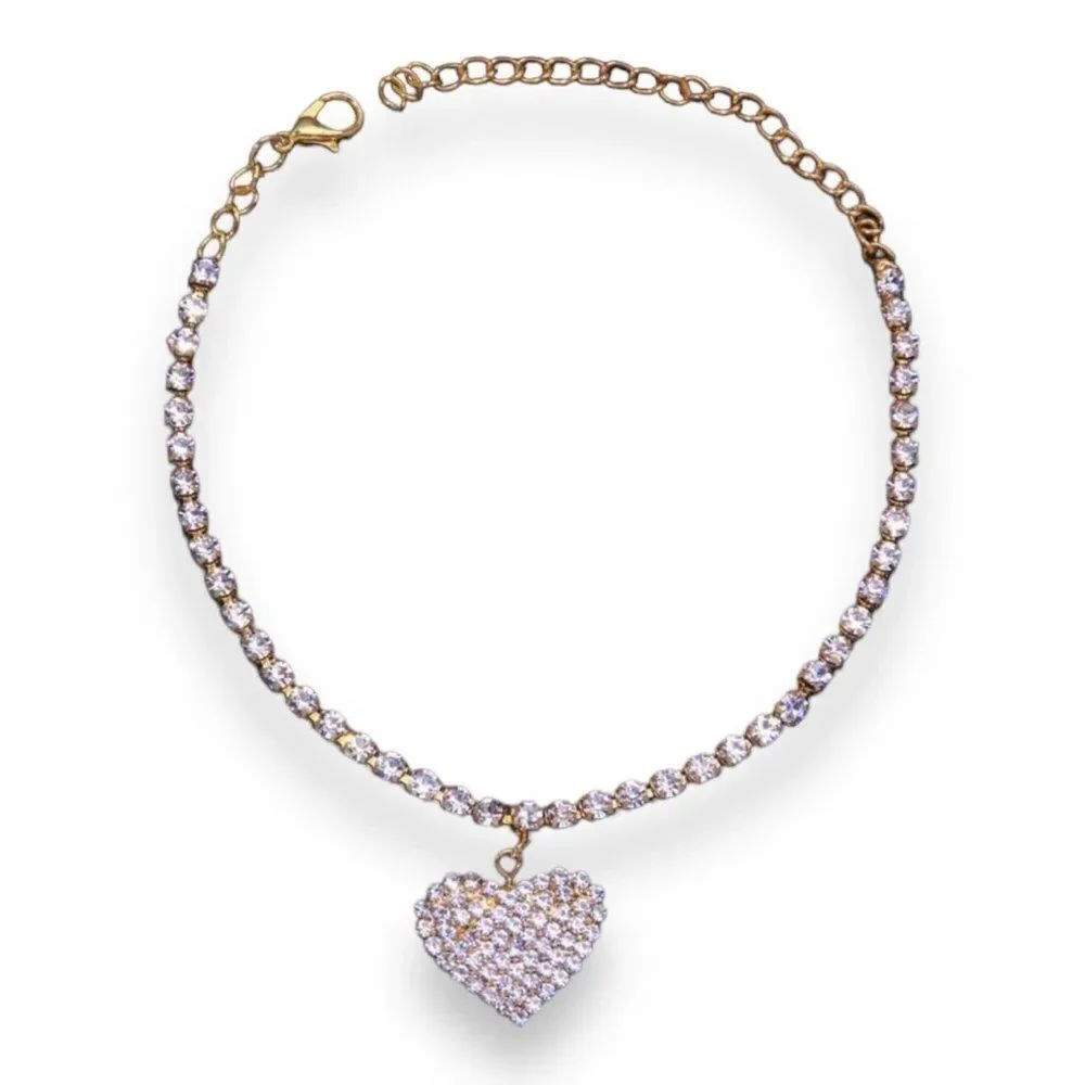 Gold Glittery Heart Tennis Bracelet Anklet - NEW